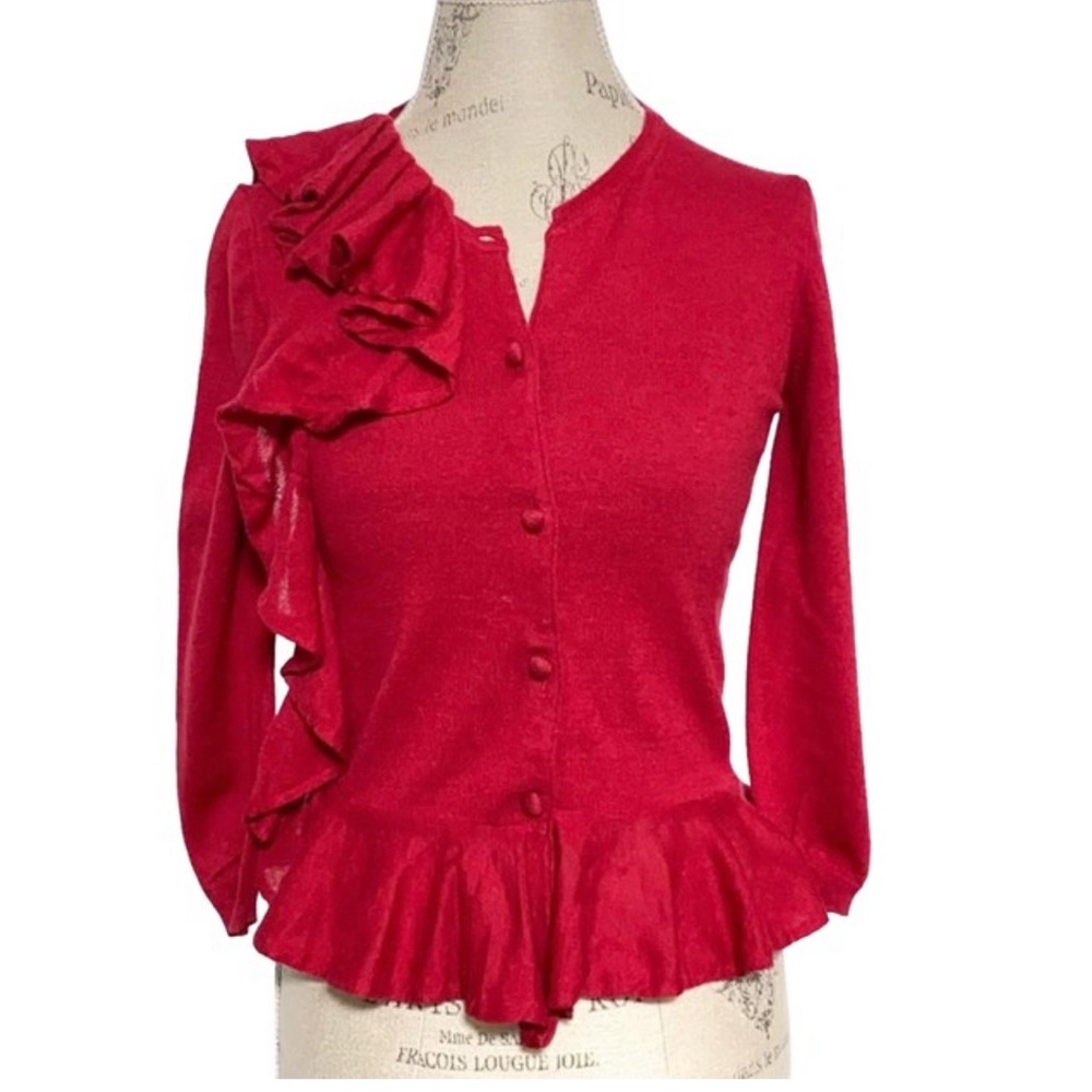 Red Valentino red knit button down ruffle cardigan sweater top
